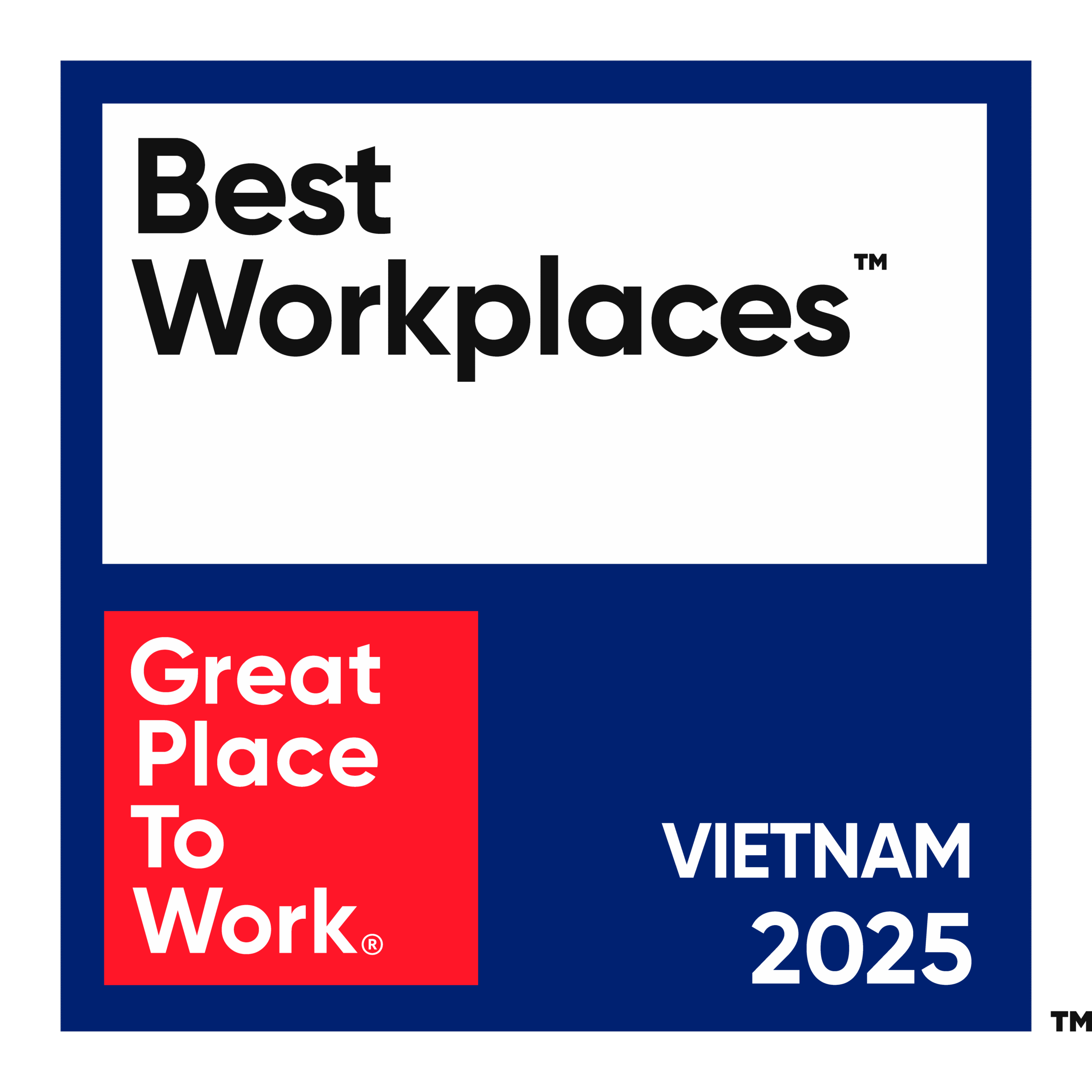 Civil Engineering Outsourcing A rectangular badge features the phrase “Best Workplaces” in bold black lettering on a white background, positioned above a red square with “Great Place To Work” inscribed. Next to it, against a blue backdrop, “Vietnam 2025” is displayed in white text. This recognition highlights excellence in civil engineering outsourcing within Vietnam.