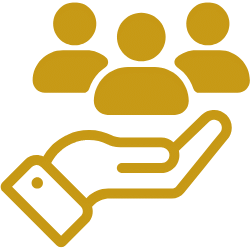 The yellow icon, marked with AXA Engineers touch, depicts three stylized people above a large open hand, beautifully symbolizing support and community.
