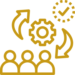 Yellow icons on a transparent background depict four people, a gear, arrows, and a clock with a checkmark. This design embodies the spirit of AXA Engineers, emphasizing teamwork, streamlined processes, and timely completion.