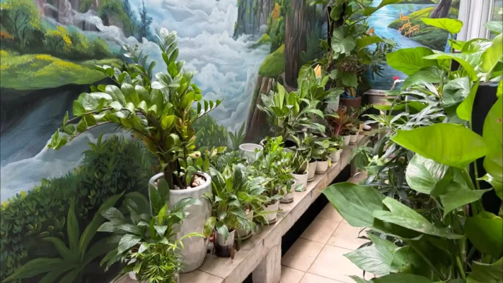 Potted green plants on bench and floor, with mural of trees, mountains, and river behind.