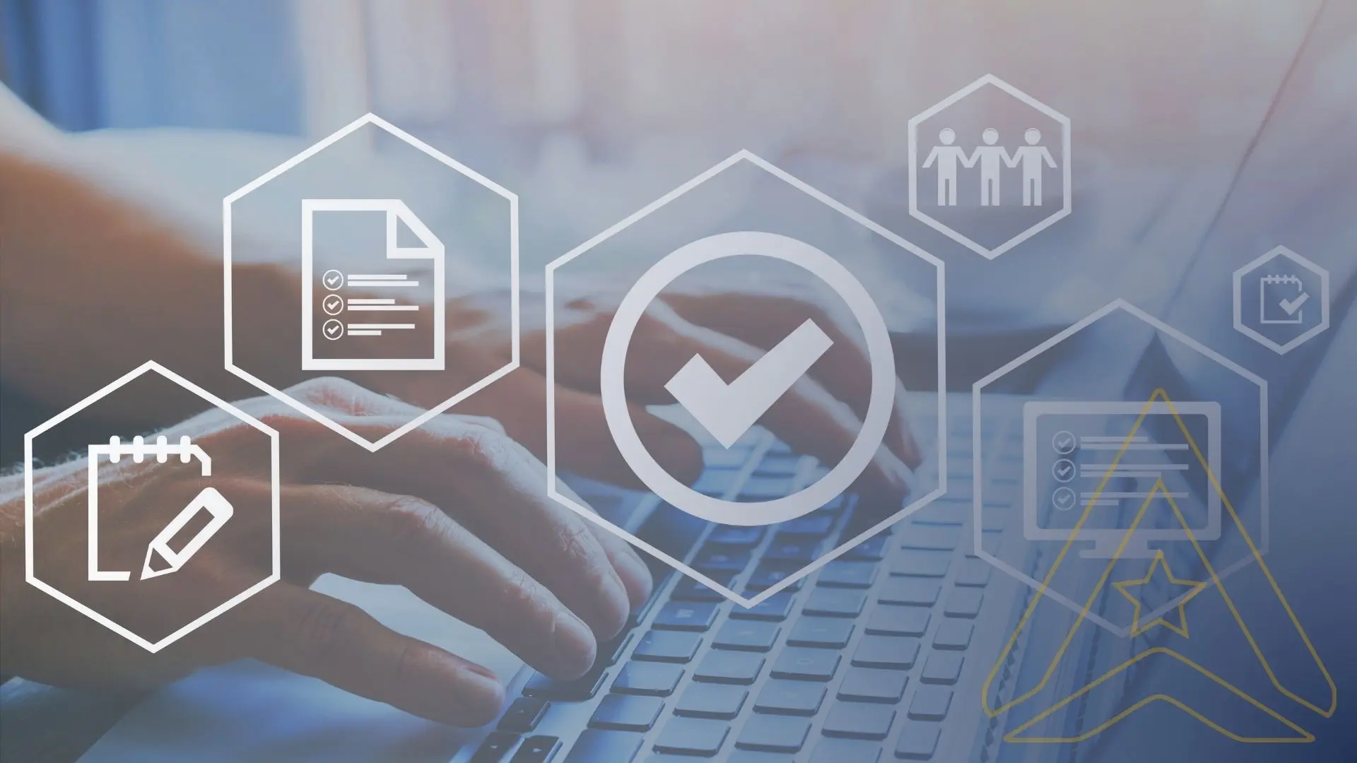 Hands typing on a laptop with translucent icons of a check mark, document, and people.