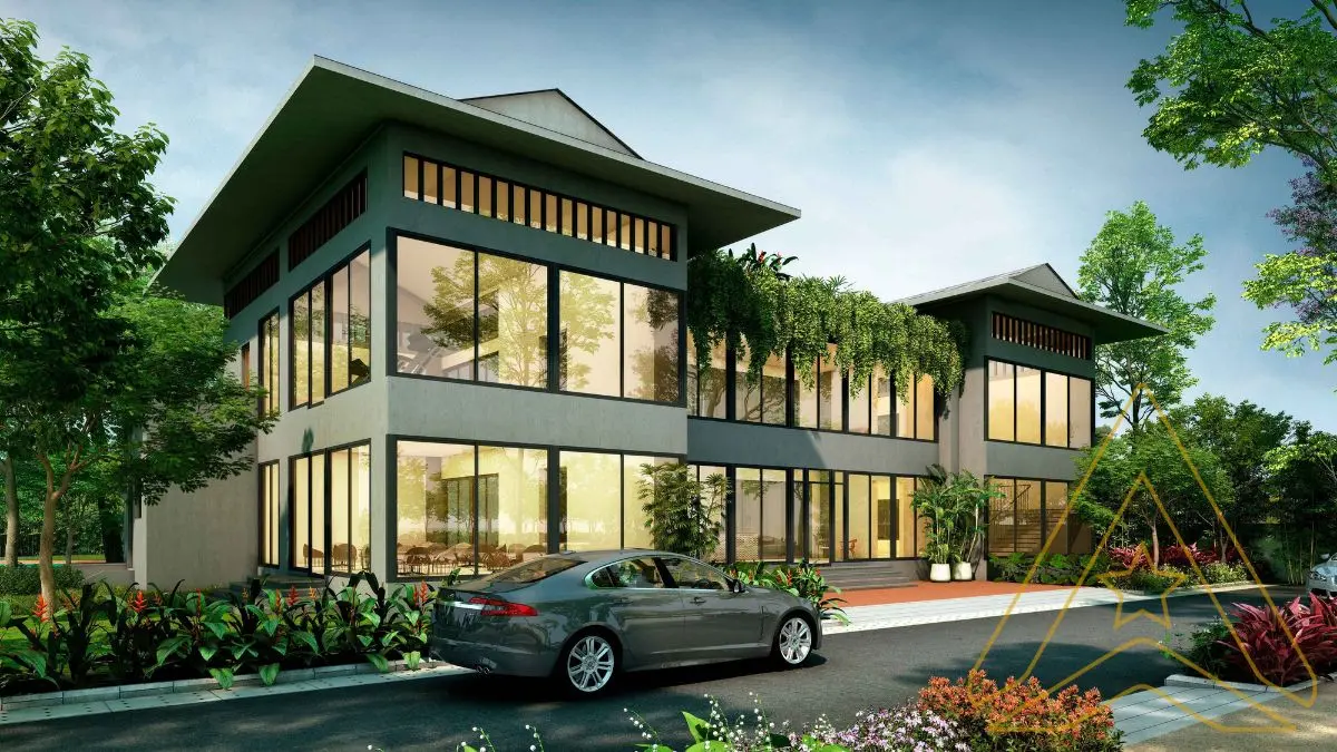 Modern two-story house with glass windows, greenery, and a gray car in driveway.