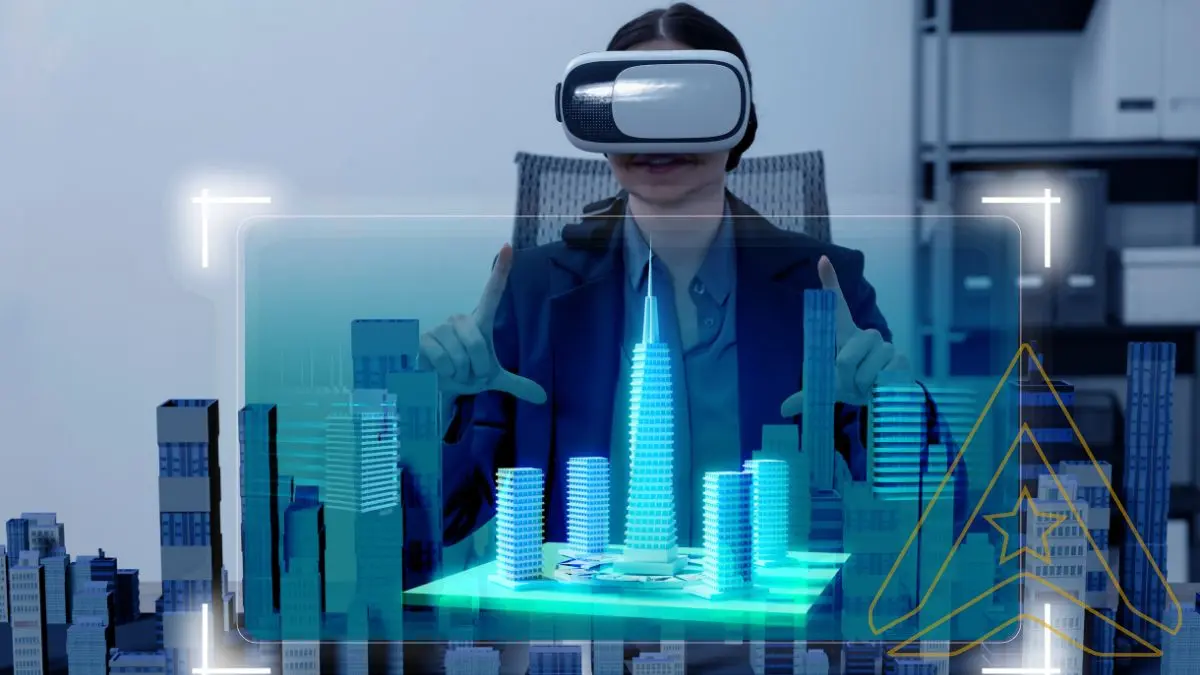 Person in VR headset interacts with a holographic city skyline and digital interface.
