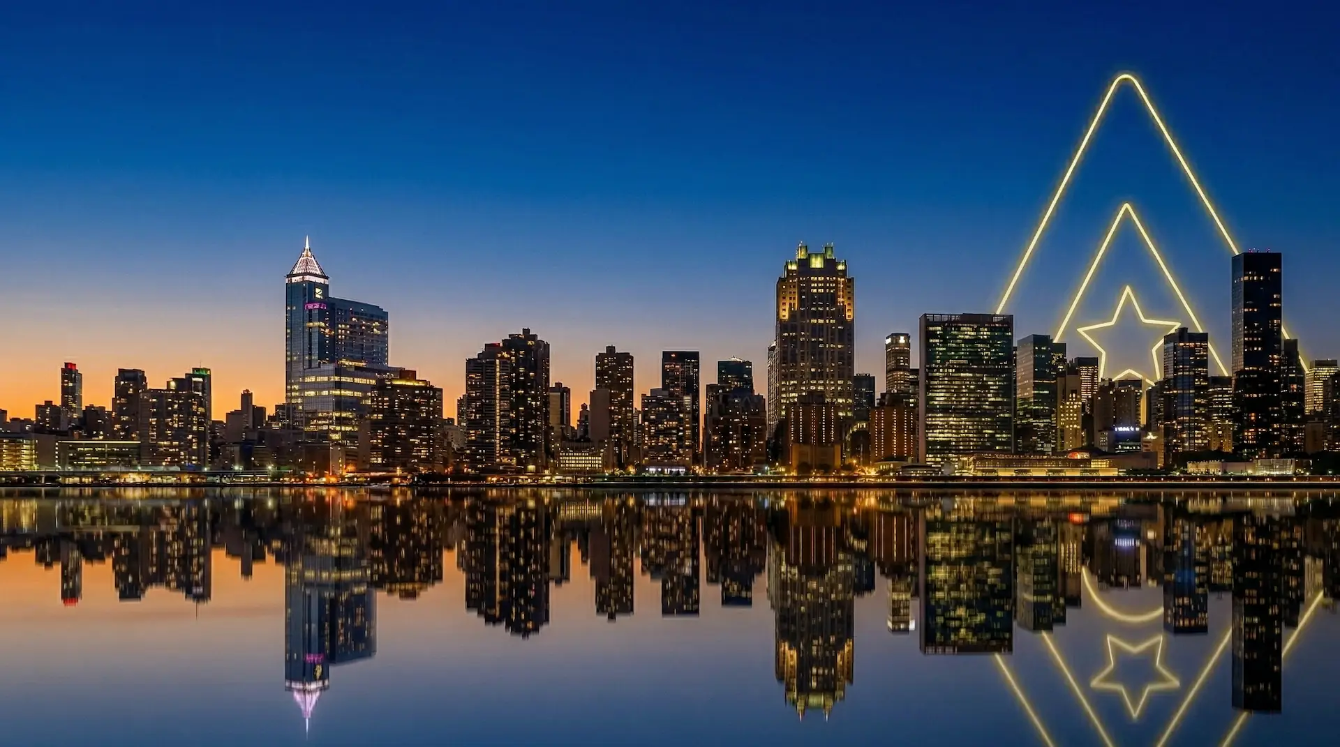 City skyline at dusk reflected on water; neon triangle with star overlays buildings.