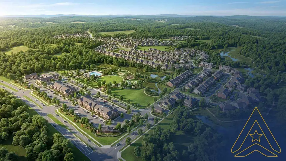 Aerial view of houses, roads, pool, and green spaces surrounded by trees.