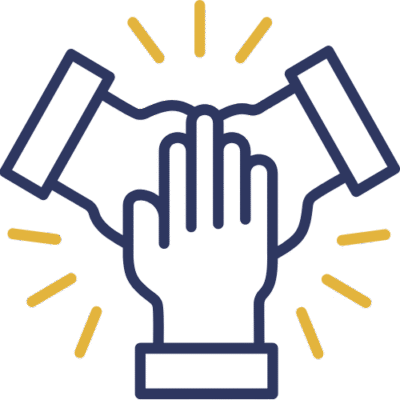 Three hands join in a high-five, with yellow lines showing celebration.