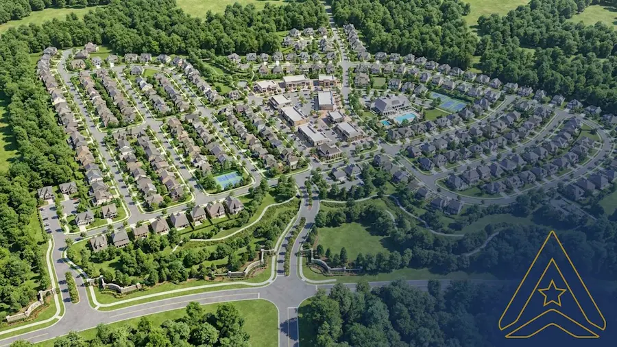 Aerial view of a suburban neighborhood with houses, green spaces, pool, and Logo of AXANH.