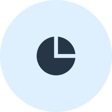 Dark blue pie chart icon with a quarter segment separated on light blue circle.