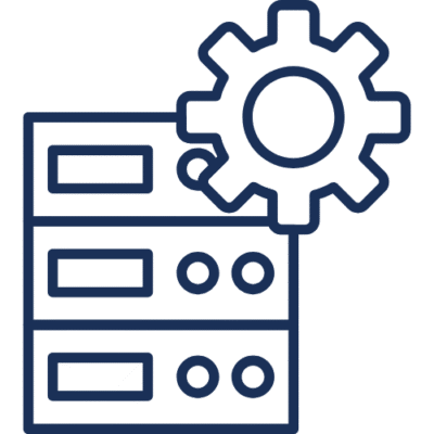 Outline server rack icon with a large gear at top right, indicating settings.