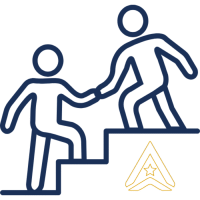 Line drawing of one person helping another up stairs, small gold star and triangle emblem.