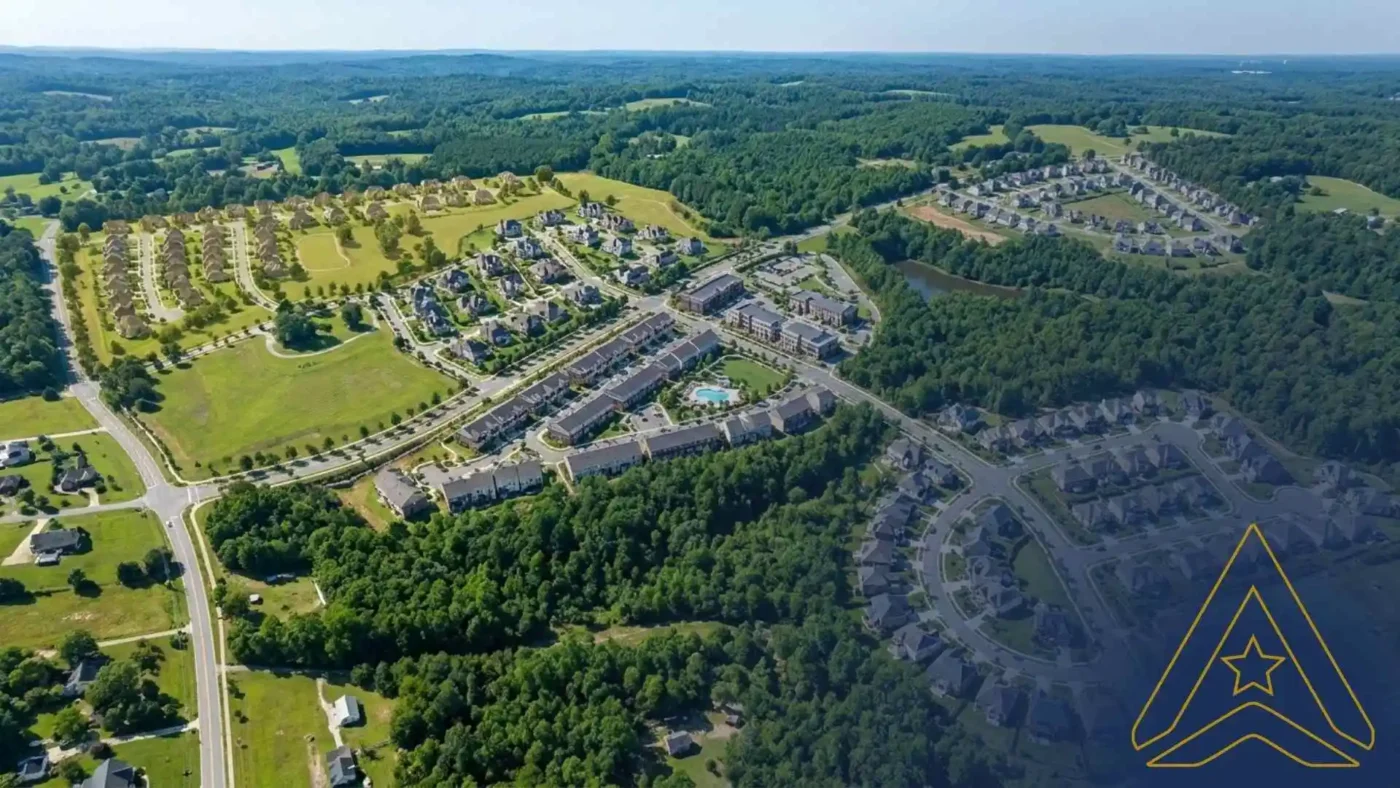 Aerial view of houses, trees, roads, pool, clear sky. Logo of AXANH.
