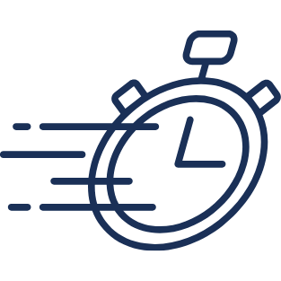 Simple line drawing of a stopwatch with motion lines, More Predictable Delivery solutions