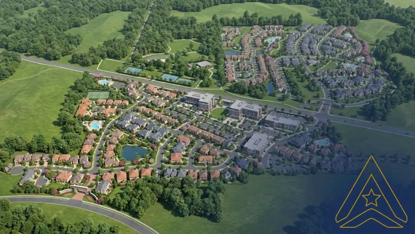Aerial view of a neighborhood with houses, roads, ponds, and green spaces. Logo of AXANH.
