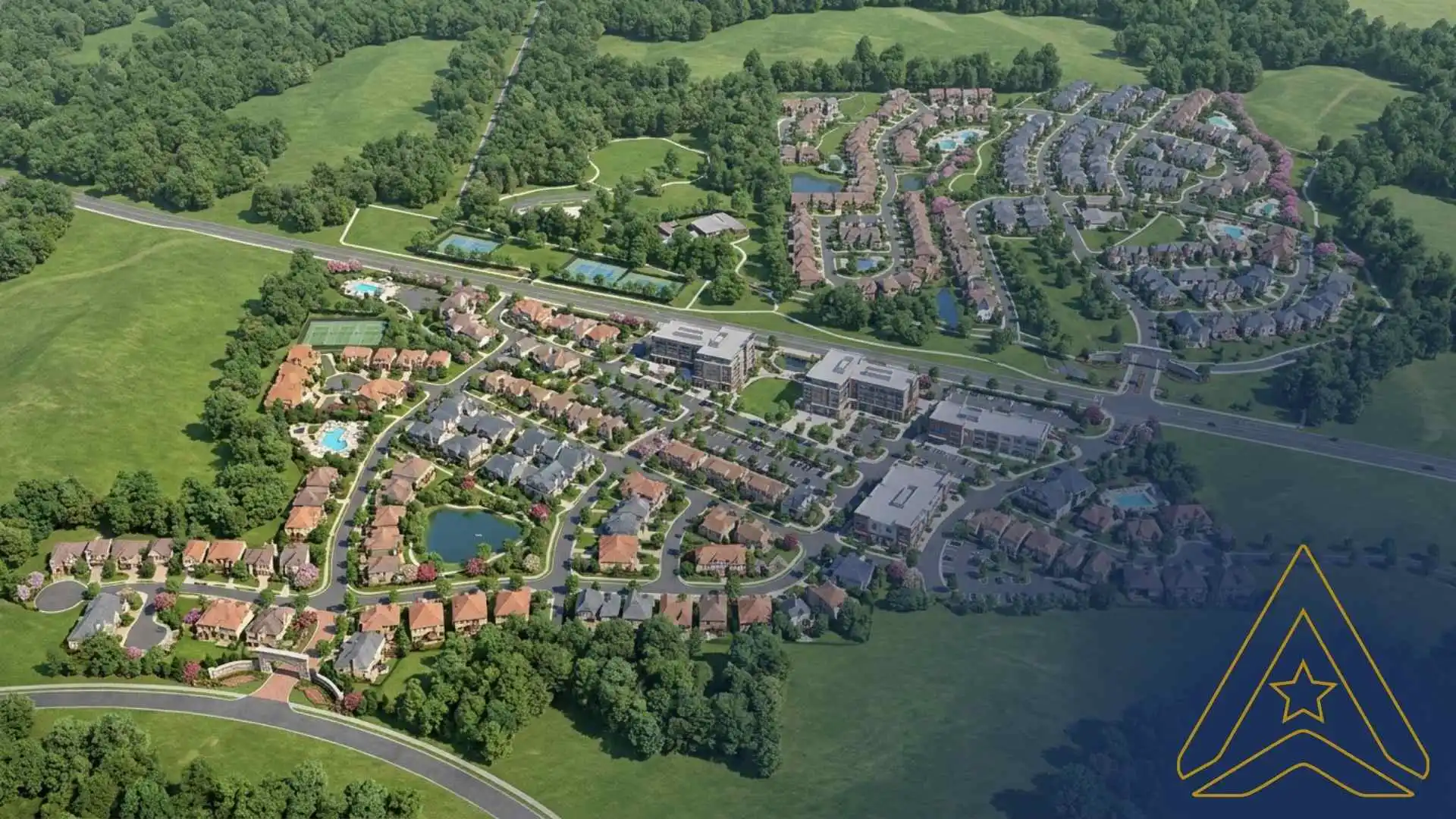 Aerial view of a neighborhood with houses, roads, ponds, and green spaces. Logo of AXANH.