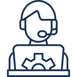 Line drawing of a person with headset at laptop displaying a gear icon.