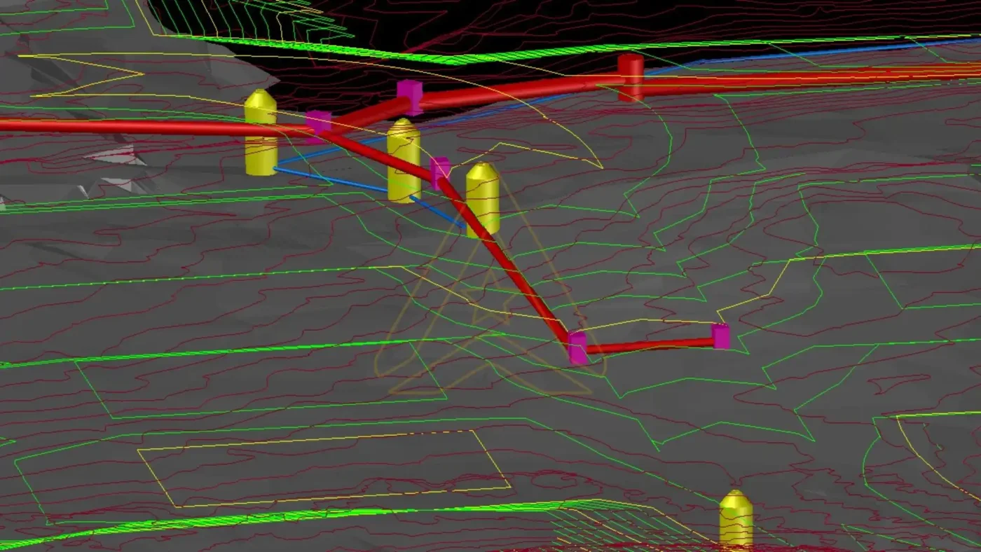 Digital topographic map with colorful contour lines, markers, and connecting lines.