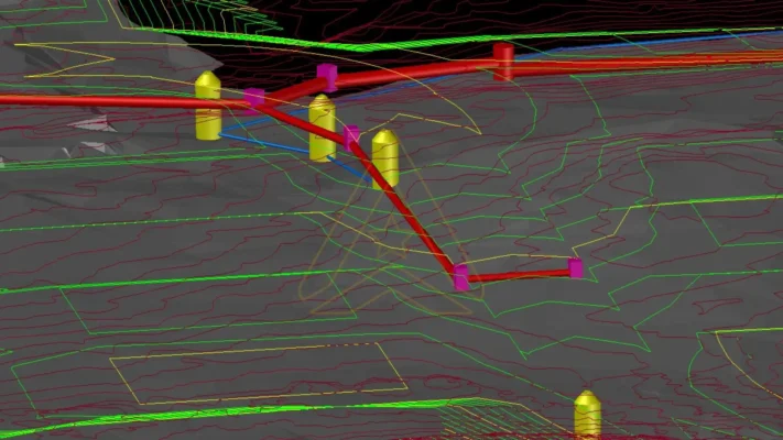 Digital topographic map with colorful contour lines, markers, and connecting lines.