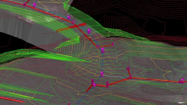 3D map with colored contour lines, green layers, route markers, and dark background.