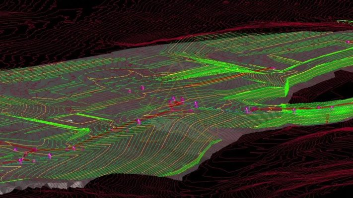 Topographic map with green contours, pink markers, and highlighted paths on dark background.