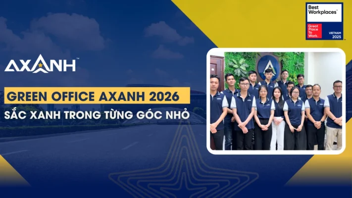 Group in navy and white shirts indoors, green wall with Green Office AXANH logo. Logo of Best Workplaces Vietnam 2023.
