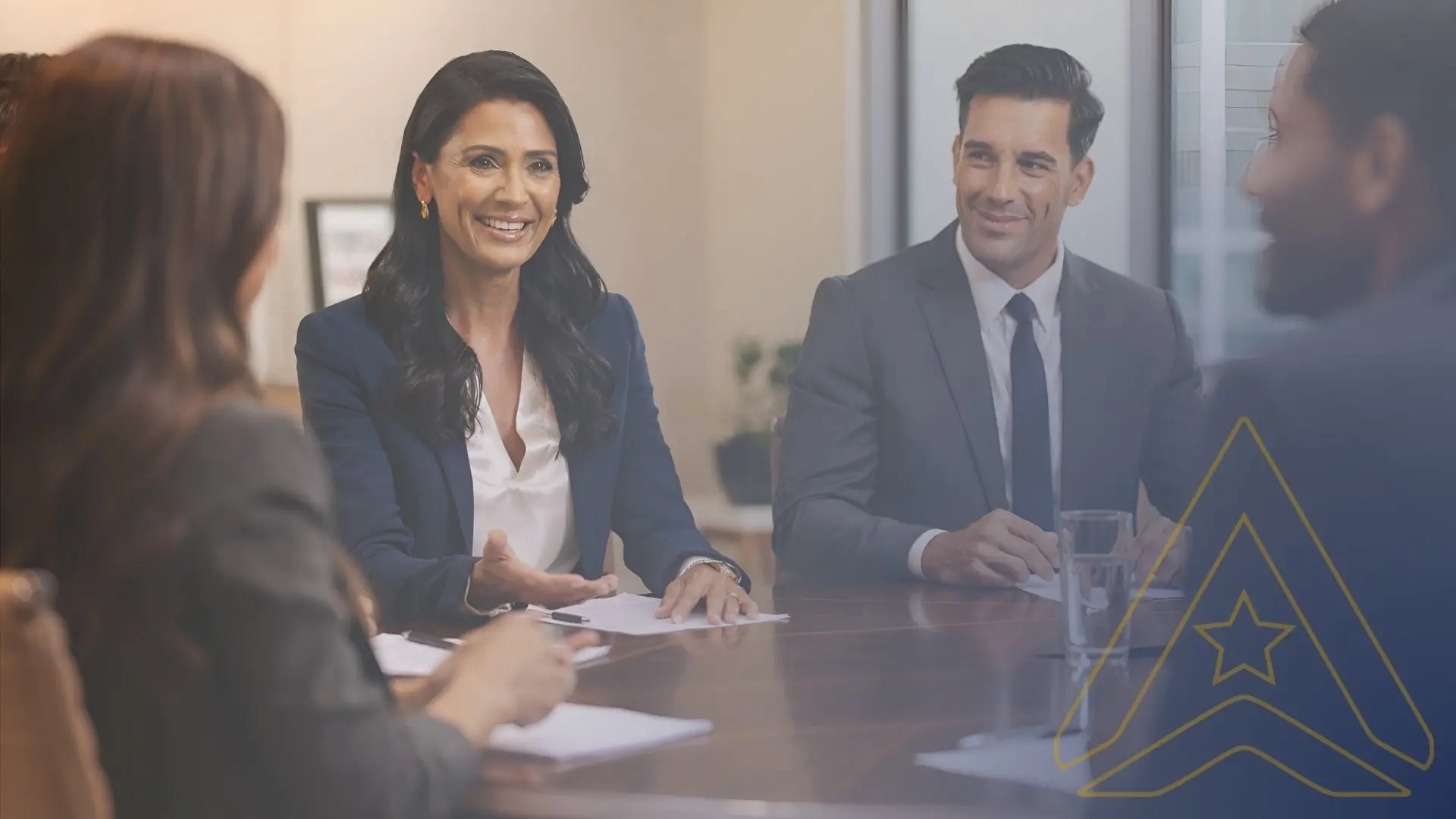 Four people in business attire meet at a table; woman speaks, AXANH logo visible.