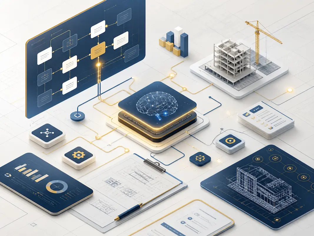 Digital illustration of project planning with charts, blueprints, gears, AI icon, and building.