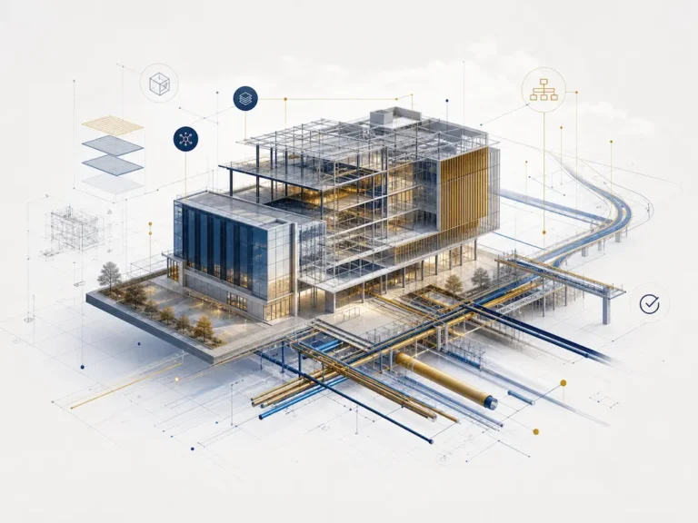 Digital rendering of a modern building with structural frameworks and technical diagrams.