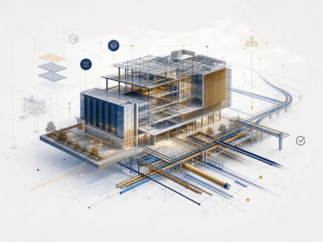 Digital rendering of a modern building with structural frameworks and technical diagrams.
