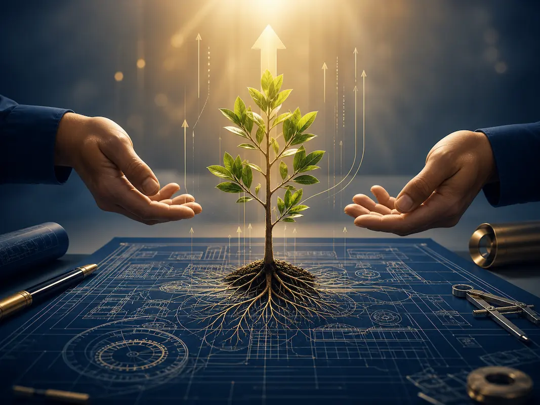 A small tree with roots grows from a blueprint held by two hands, with sunlight and arrows above.