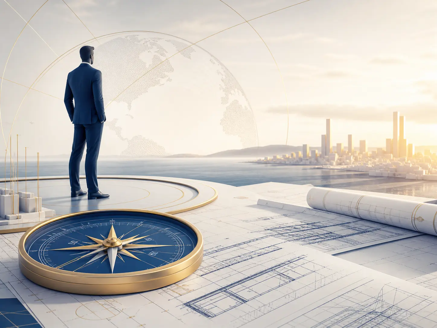 Man in suit on blueprints with compass, city skyline, globe, and abstract lines.