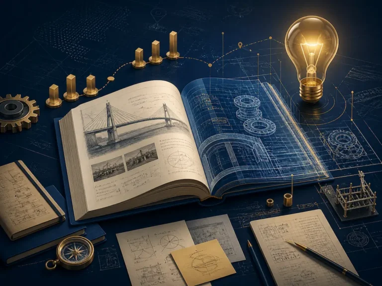 Open book with bridge drawings, blueprints, graphs, gears, lightbulb and notes on dark background.