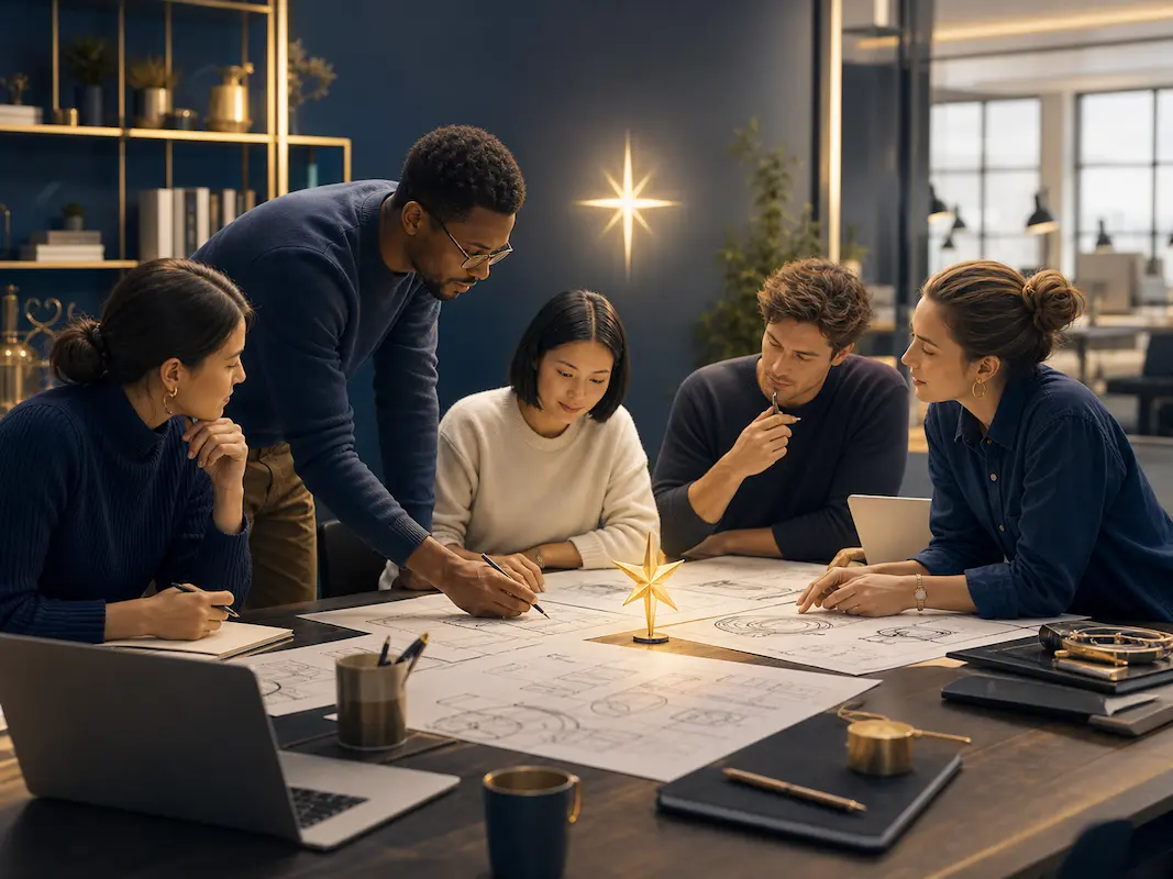 Five people discuss blueprints at a modern table. One stands, pointing at plans. Star-shaped lamp glows.