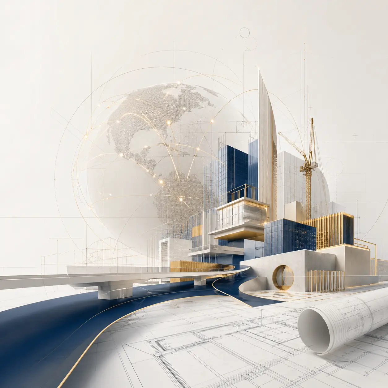 Modern cityscape with blue and gold buildings, architectural plans, globe, and crane.