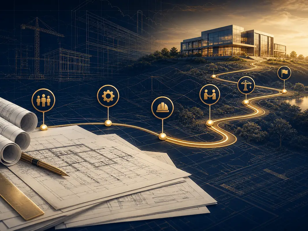 Blueprints and pen in front; golden path with icons leads to modern hilltop building.