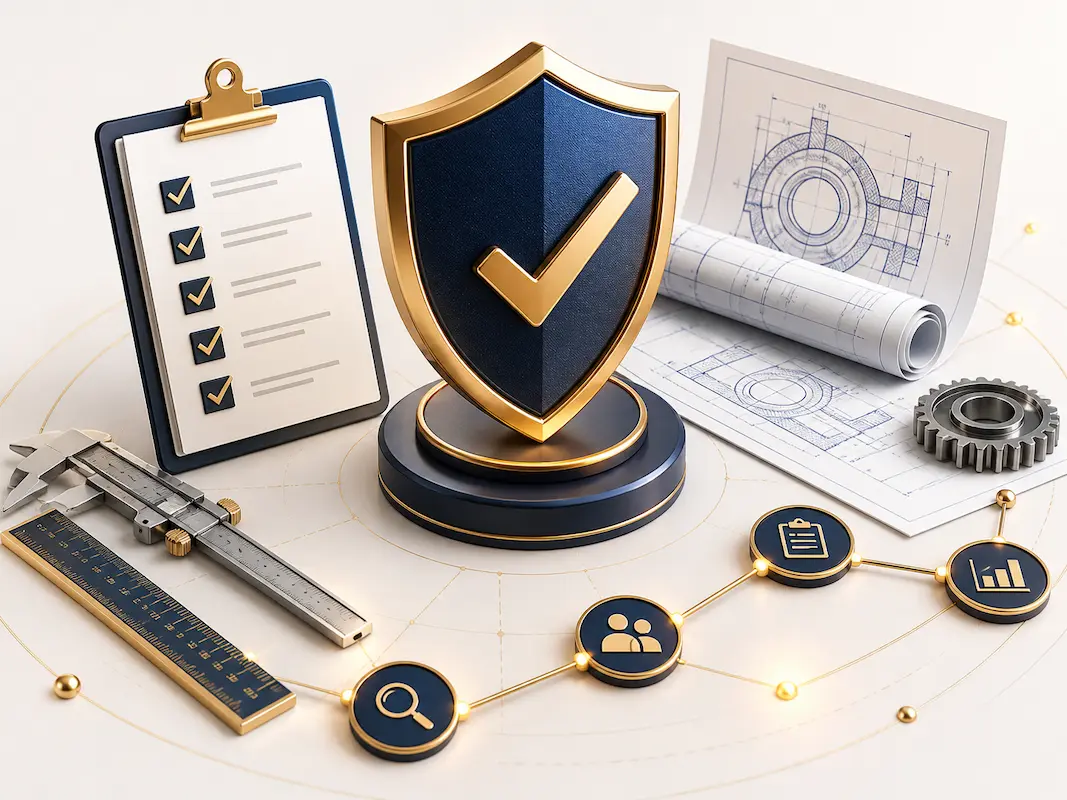 3D shield with checkmark, engineering tools, checklist, gear, blueprints, and planning icons.