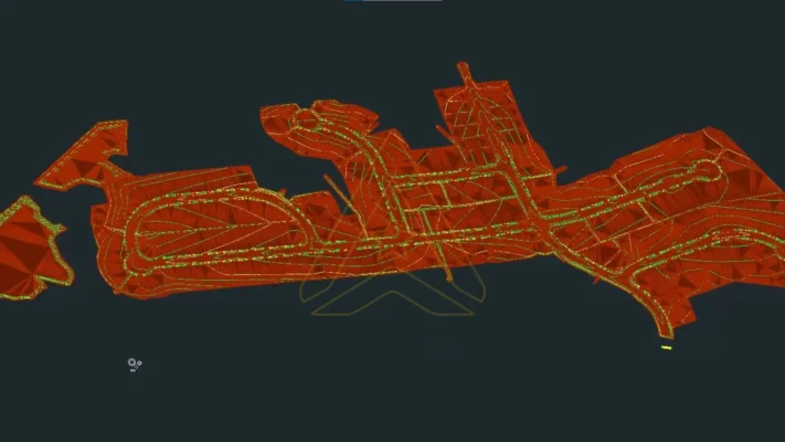 civil 3d grading surface showing roadway drainage coordination on flat terrain