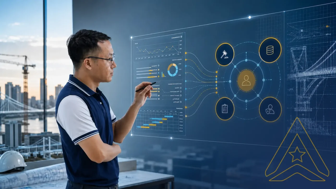 Man in glasses uses transparent screen with data, city and cranes behind.