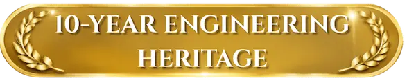 Gold plaque with laurel leaves and “10-Year Engineering Heritage” in white letters.