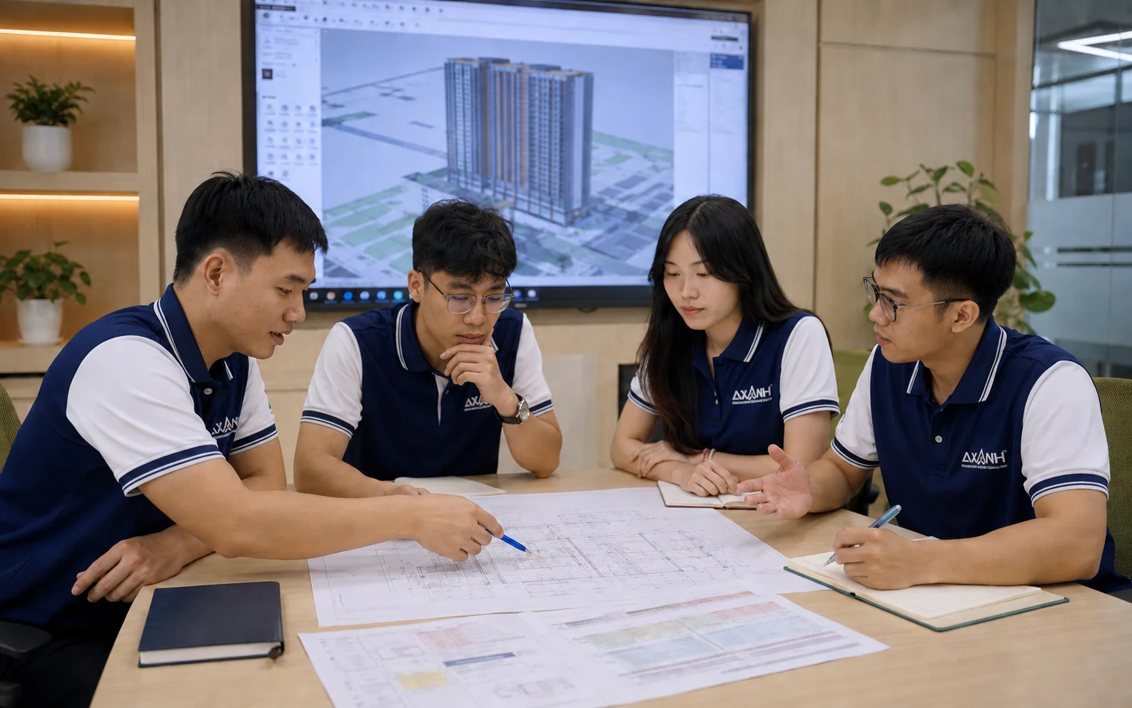 Four people in matching uniforms review blueprints at a table, 3D building model on screen.