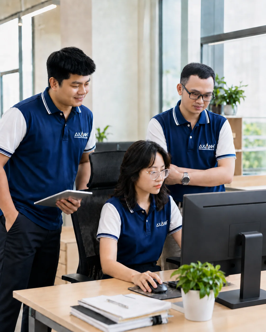 Three colleagues in blue and white uniforms work together in a modern office.