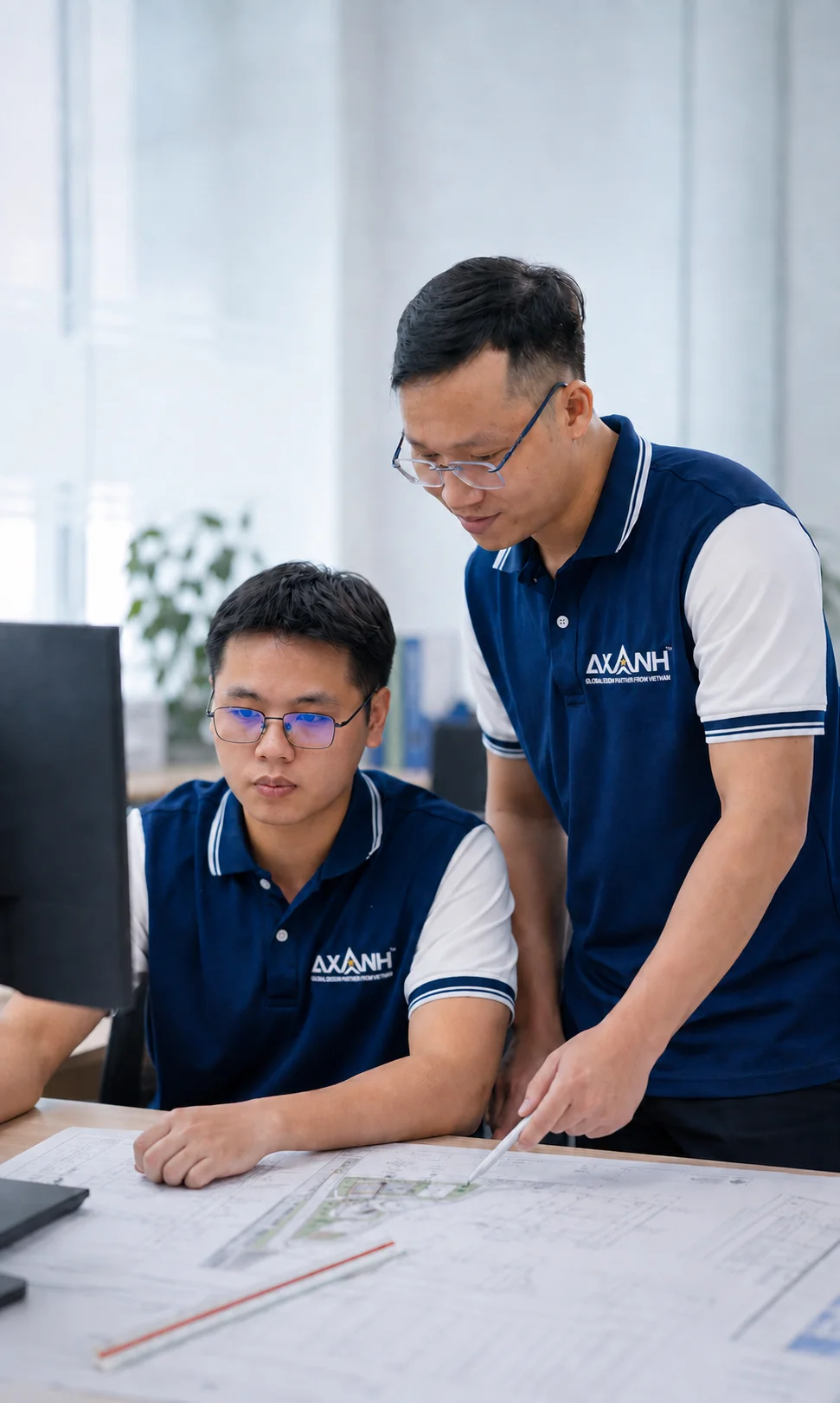 Two men in matching shirts collaborate at a desk with plans and a computer.