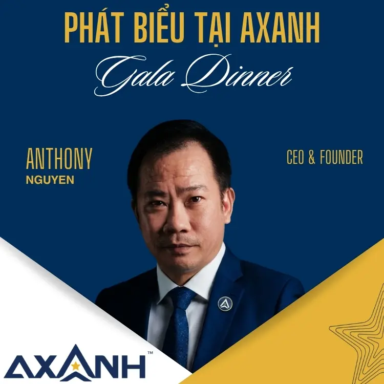 A man in a suit stands under event text, with name and Logo of Axanh.