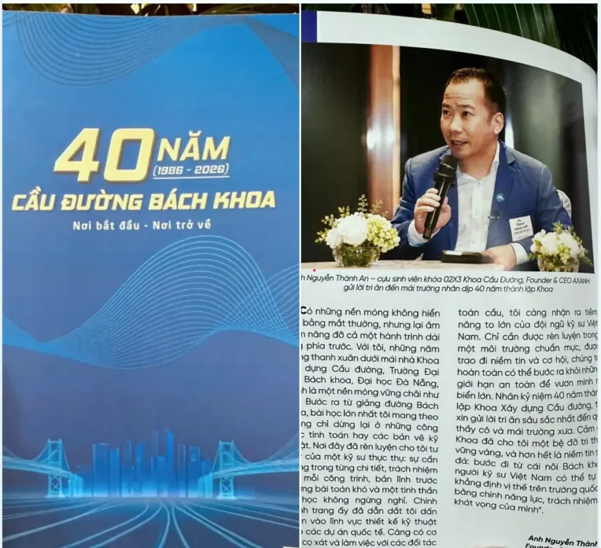 Blue anniversary poster with “40 NĂM CẦU ĐƯỜNG BÁCH KHOA”; man in suit speaks.
