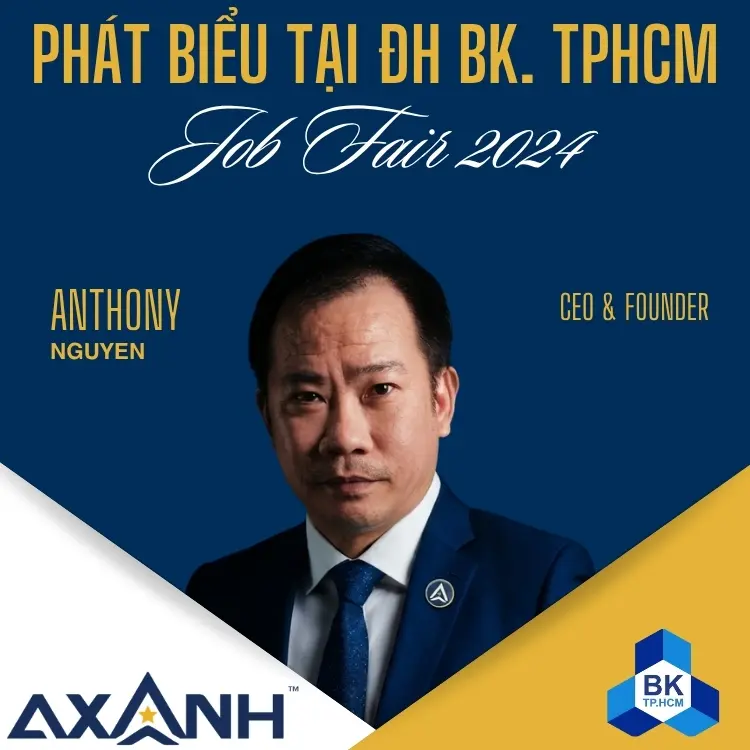 Man in suit with event text above. Logo of BK TPHCM and AXANH below.