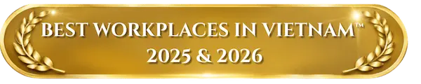 Gold plaque with laurel leaves and white text: Best Workplaces in Vietnam 2025 & 2026.