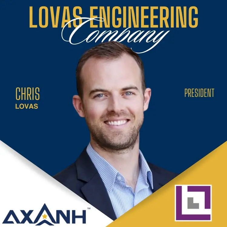 A man in a suit with text and the logos of Axanh and Lovas Engineering.