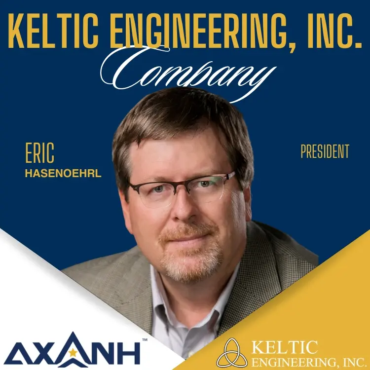 Man with glasses and beard in suit, text and Logo of AXANH and Keltic Engineering on blue-gold background.