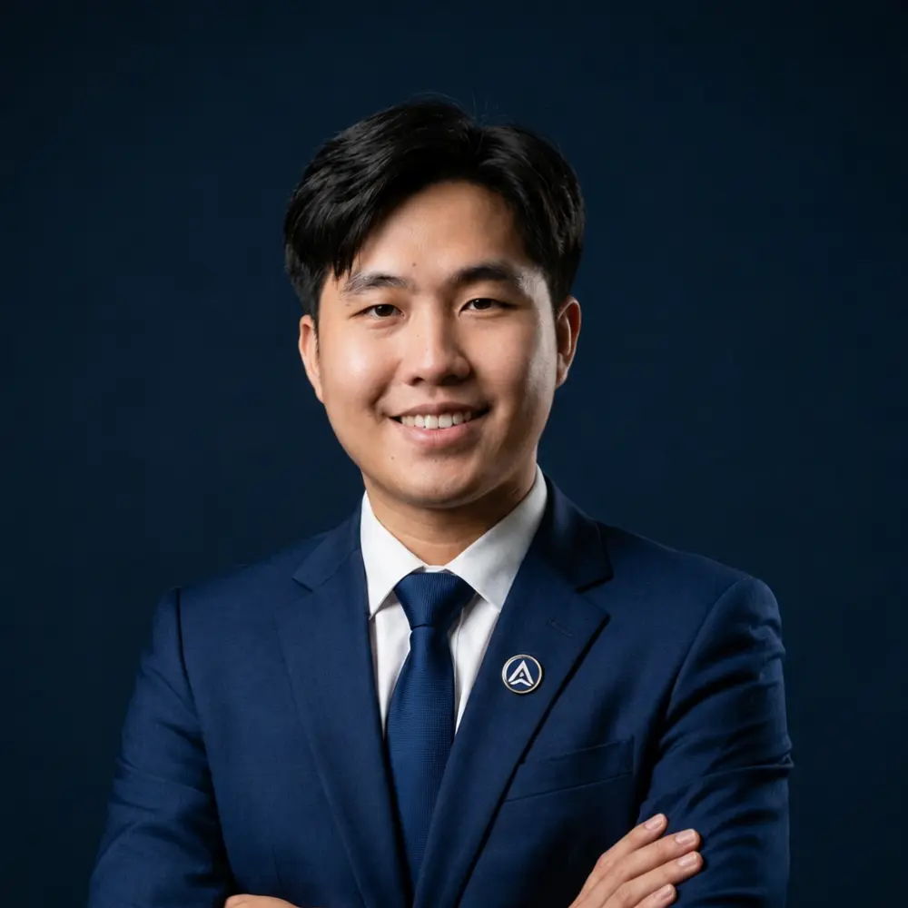 Man in blue suit and tie, arms crossed, smiling before dark blue background.
