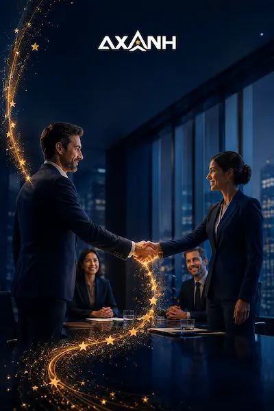 Two people in business attire shake hands as others sit nearby; AXANH above.