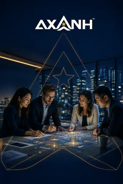 Four people meet at a digital table with city lights and glowing AXANH logo.